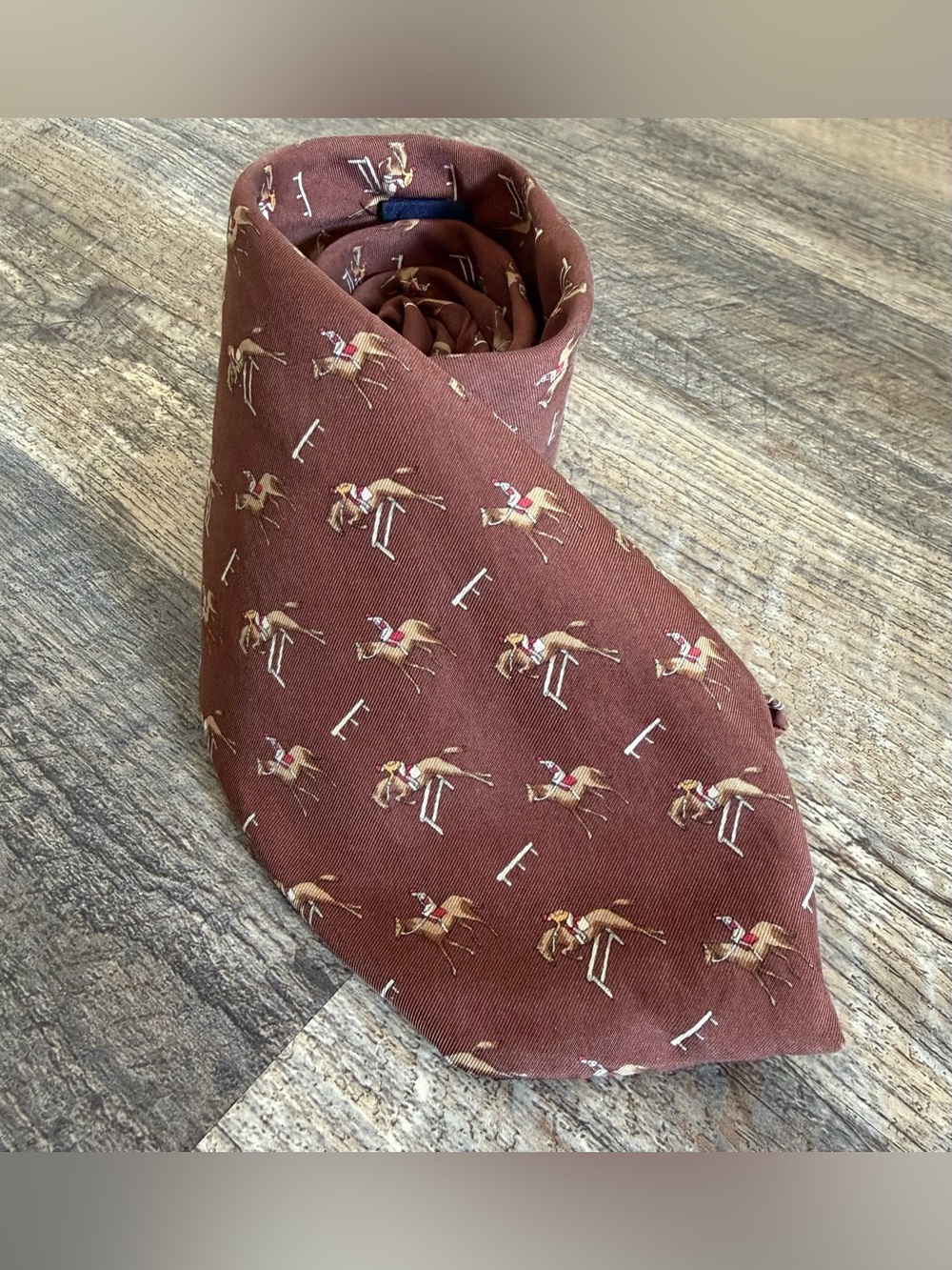 Brooks Brothers 346 Brown Steeplechase Equestrian Jockey Horse Print Tie Silk